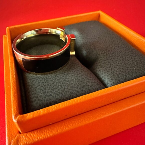 Hermes Black Enamel Gold Tone Clic Clac H Band Ring Size 8 1/4 - Picture 13 of 13